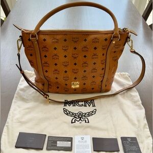 Authentic MCM Visetos Monogram Cognac Shoulder Bag two way crossbody